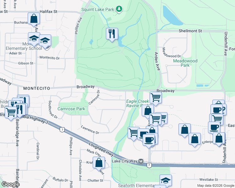 map of restaurants, bars, coffee shops, grocery stores, and more near 7618 Broadway in Burnaby