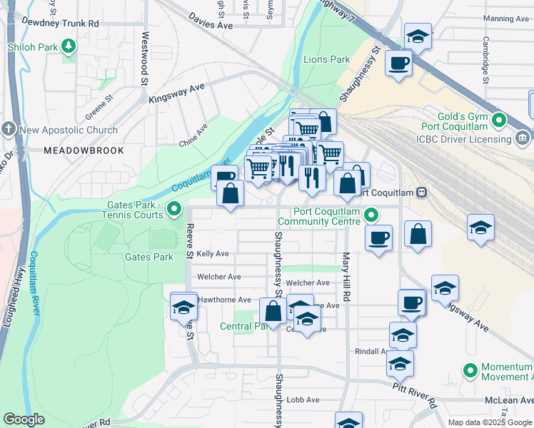 map of restaurants, bars, coffee shops, grocery stores, and more near 2330 Wilson Avenue in Port Coquitlam