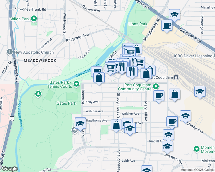 map of restaurants, bars, coffee shops, grocery stores, and more near 2360 Wilson Avenue in Port Coquitlam
