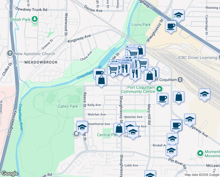 map of restaurants, bars, coffee shops, grocery stores, and more near 2360 Wilson Avenue in Port Coquitlam