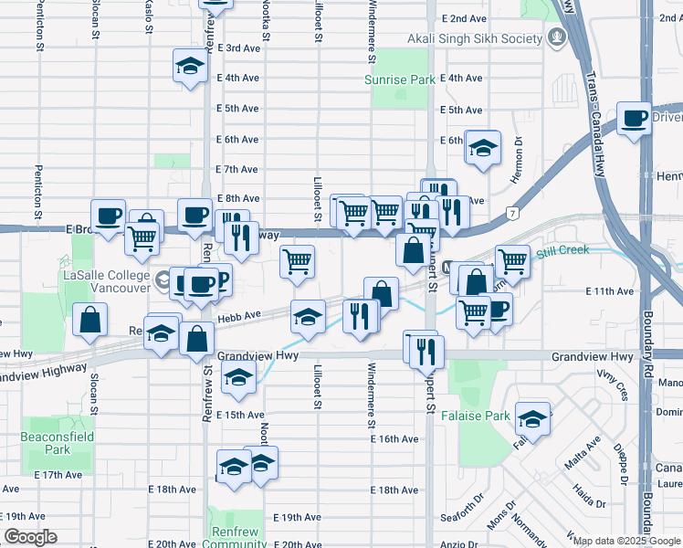 map of restaurants, bars, coffee shops, grocery stores, and more near Central Valley Greenway in Vancouver