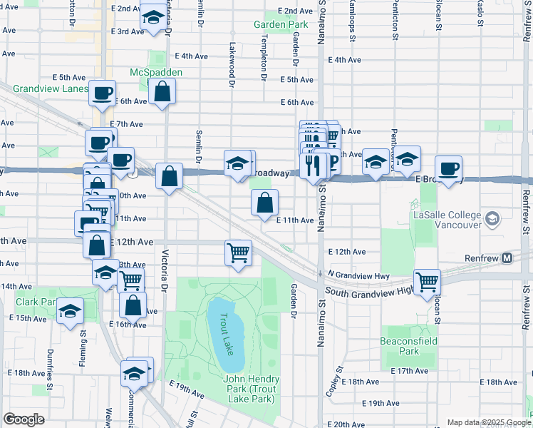 map of restaurants, bars, coffee shops, grocery stores, and more near 2648 Templeton Drive in Vancouver