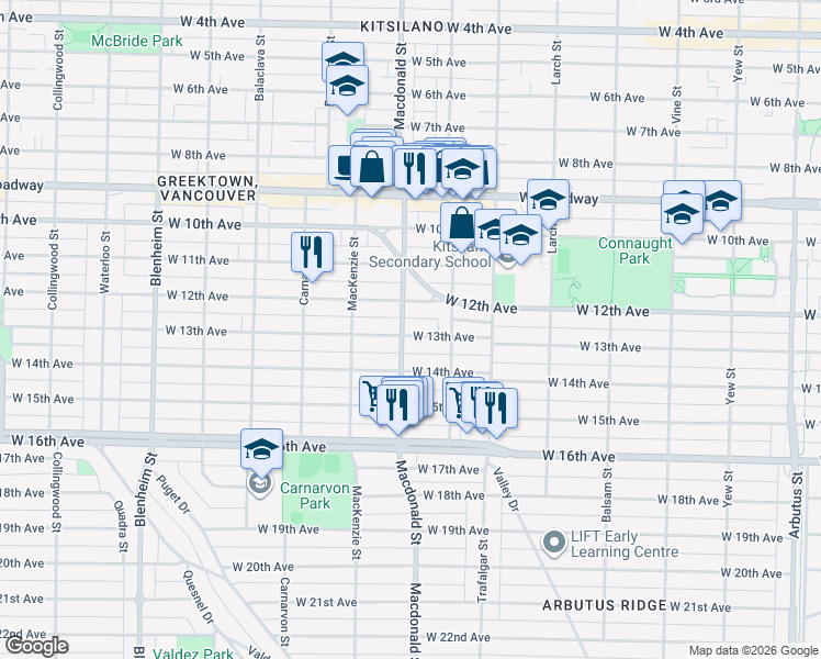map of restaurants, bars, coffee shops, grocery stores, and more near 2779 West 13th Avenue in Vancouver