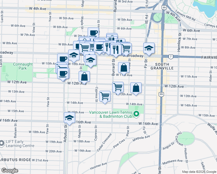 map of restaurants, bars, coffee shops, grocery stores, and more near 1826 West 12th Avenue in Vancouver