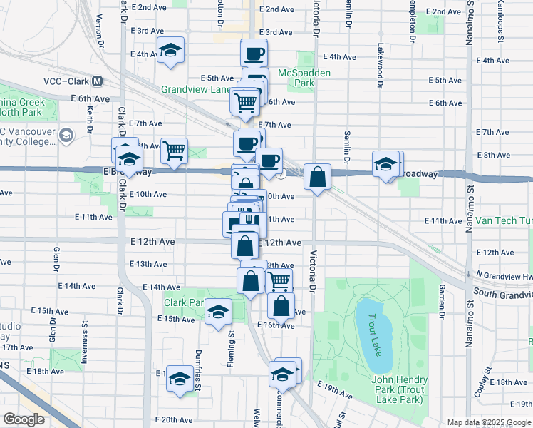 map of restaurants, bars, coffee shops, grocery stores, and more near 1743 East 11th Avenue in Vancouver