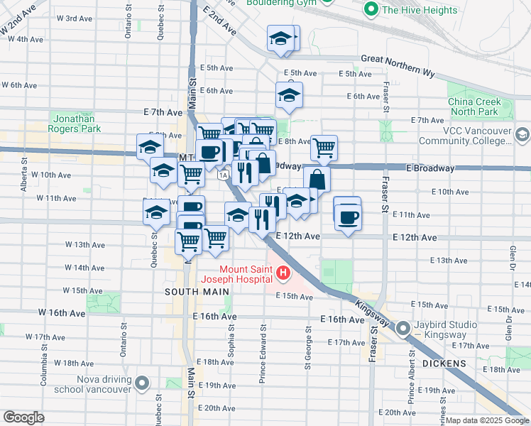 map of restaurants, bars, coffee shops, grocery stores, and more near 2725 Prince Edward Street in Vancouver