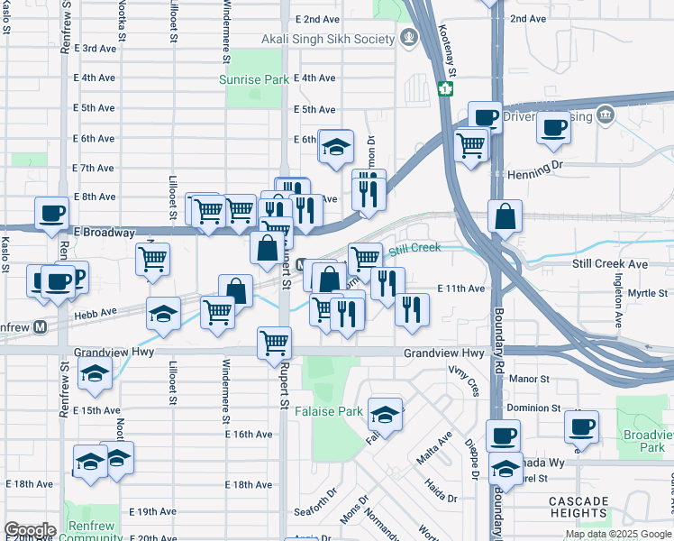 map of restaurants, bars, coffee shops, grocery stores, and more near Cornett Rd in Vancouver