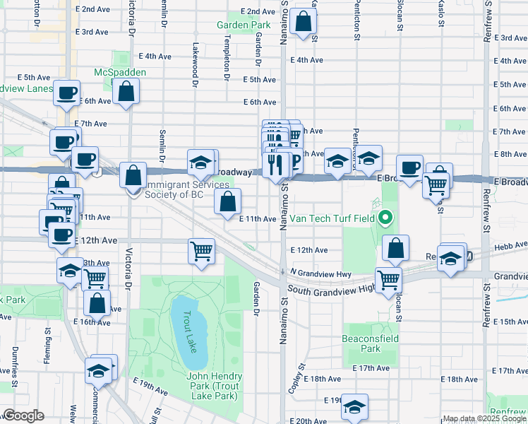 map of restaurants, bars, coffee shops, grocery stores, and more near 2670 Garden Drive in Vancouver