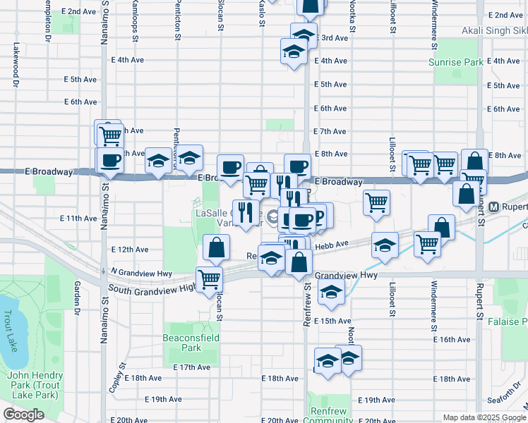 map of restaurants, bars, coffee shops, grocery stores, and more near 2624 Kaslo Street in Vancouver