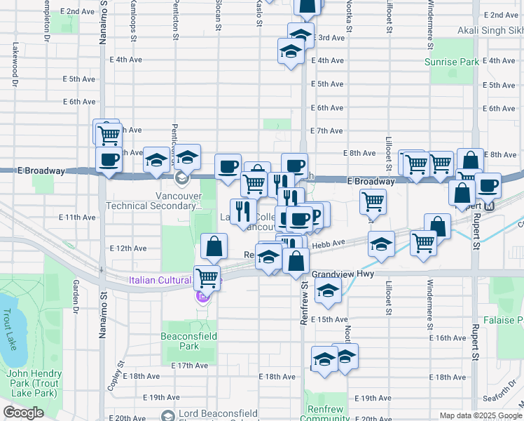 map of restaurants, bars, coffee shops, grocery stores, and more near 2624 Kaslo Street in Vancouver