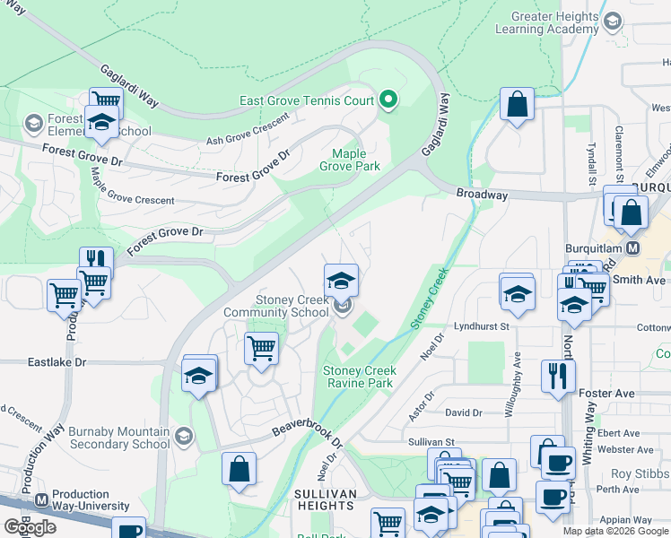 map of restaurants, bars, coffee shops, grocery stores, and more near 9128 Capella Drive in Burnaby