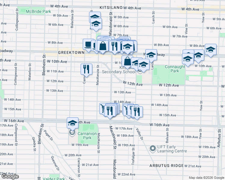 map of restaurants, bars, coffee shops, grocery stores, and more near 2791 West 13th Avenue in Vancouver