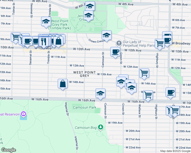 map of restaurants, bars, coffee shops, grocery stores, and more near 4138 West 13th Avenue in Vancouver