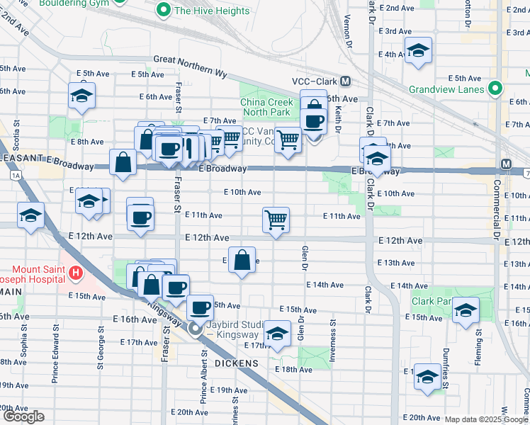 map of restaurants, bars, coffee shops, grocery stores, and more near 963 East 11th Avenue in Vancouver