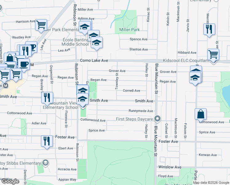 map of restaurants, bars, coffee shops, grocery stores, and more near 712 Townley Street in Coquitlam
