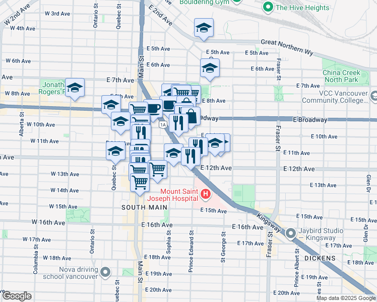 map of restaurants, bars, coffee shops, grocery stores, and more near 325 East 13th Avenue in Vancouver