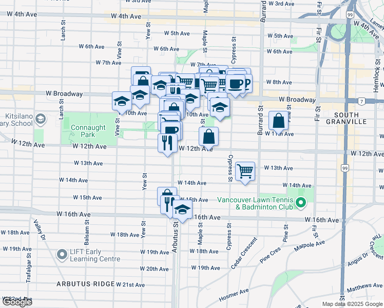 map of restaurants, bars, coffee shops, grocery stores, and more near in Vancouver