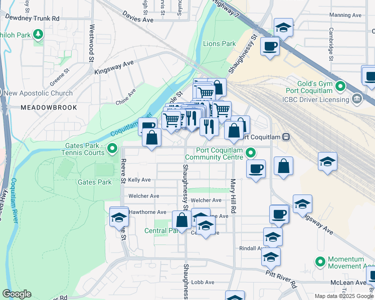 map of restaurants, bars, coffee shops, grocery stores, and more near 2478 Shaughnessy Street in Port Coquitlam