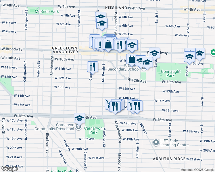 map of restaurants, bars, coffee shops, grocery stores, and more near 2861 West 13th Avenue in Vancouver