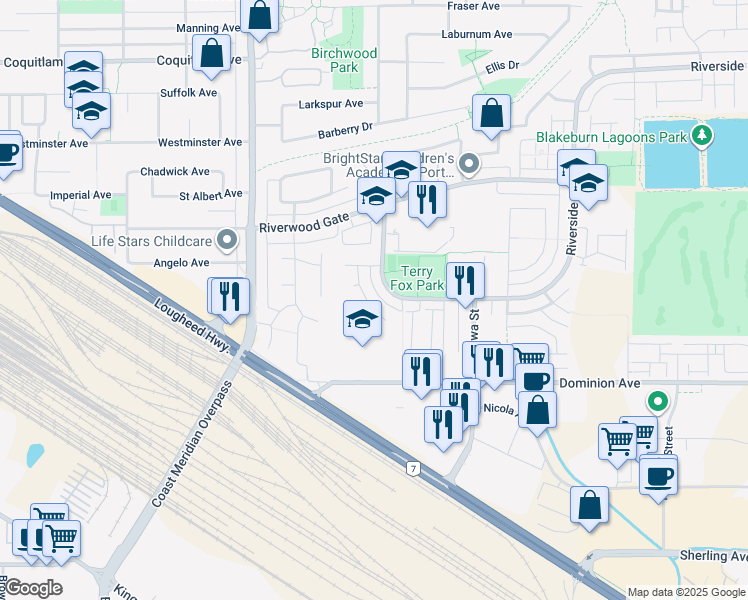 map of restaurants, bars, coffee shops, grocery stores, and more near 1239 Thames Close in Port Coquitlam