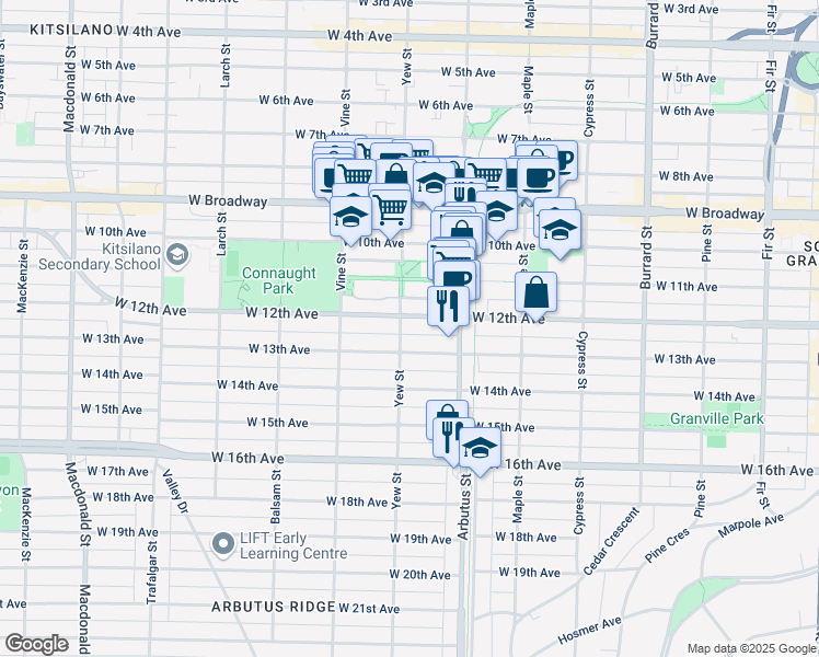 map of restaurants, bars, coffee shops, grocery stores, and more near 2828 Yew Street in Vancouver