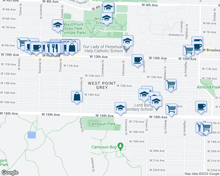 map of restaurants, bars, coffee shops, grocery stores, and more near 4164 West 13th Avenue in Vancouver