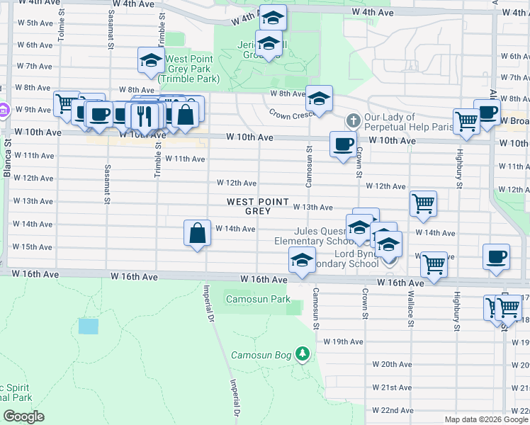 map of restaurants, bars, coffee shops, grocery stores, and more near 4188 West 13th Avenue in Vancouver