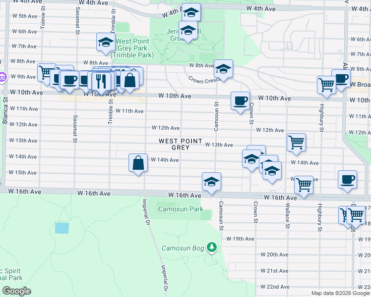 map of restaurants, bars, coffee shops, grocery stores, and more near 4188 West 13th Avenue in Vancouver