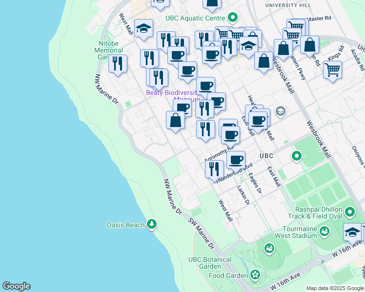 map of restaurants, bars, coffee shops, grocery stores, and more near 2329 West Mall in Vancouver