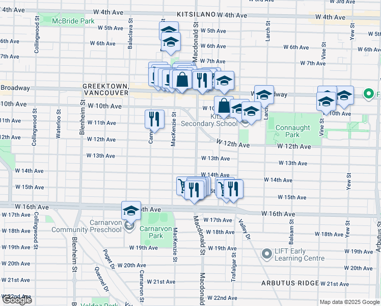 map of restaurants, bars, coffee shops, grocery stores, and more near 2819 West 13th Avenue in Vancouver