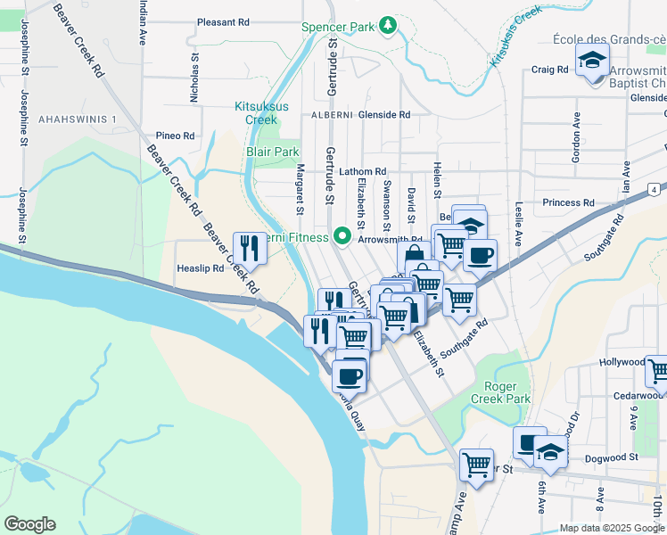 map of restaurants, bars, coffee shops, grocery stores, and more near 4705 Margaret Street in Port Alberni