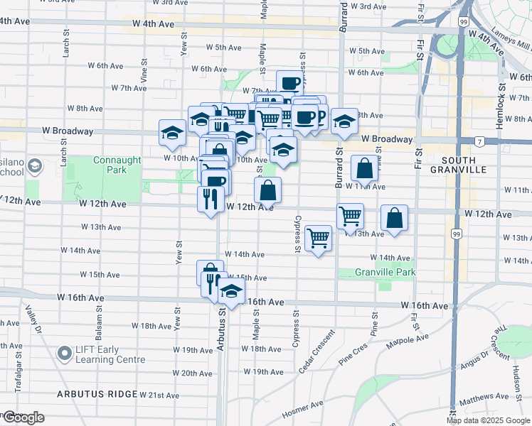 map of restaurants, bars, coffee shops, grocery stores, and more near 1988 West 12th Avenue in Vancouver