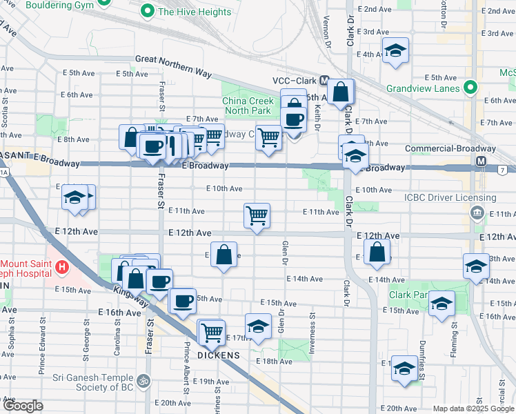 map of restaurants, bars, coffee shops, grocery stores, and more near 1003 East 11th Avenue in Vancouver