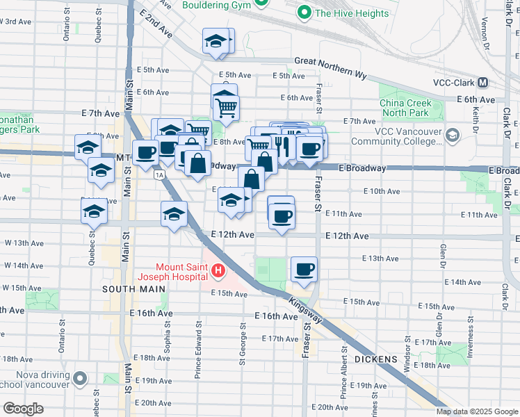 map of restaurants, bars, coffee shops, grocery stores, and more near 505 East 11th Avenue in Vancouver