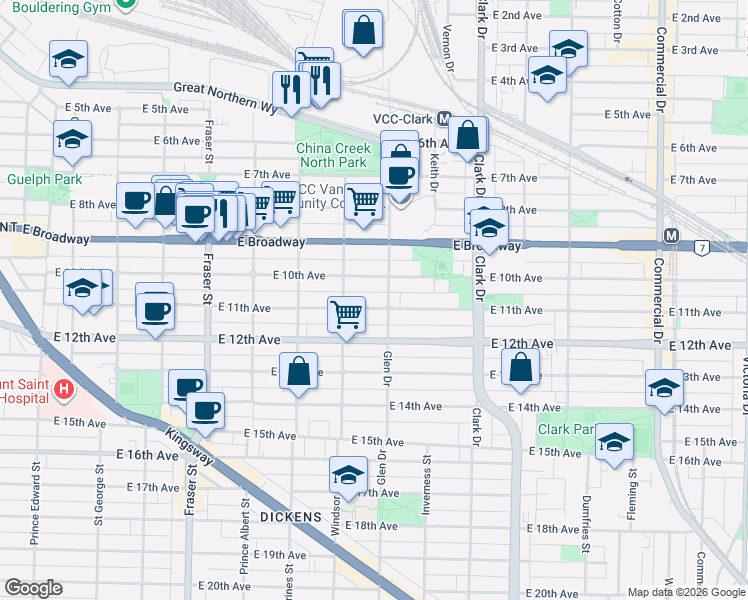 map of restaurants, bars, coffee shops, grocery stores, and more near 1055 East 11th Avenue in Vancouver