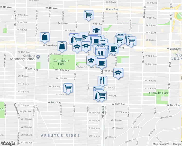 map of restaurants, bars, coffee shops, grocery stores, and more near in Vancouver