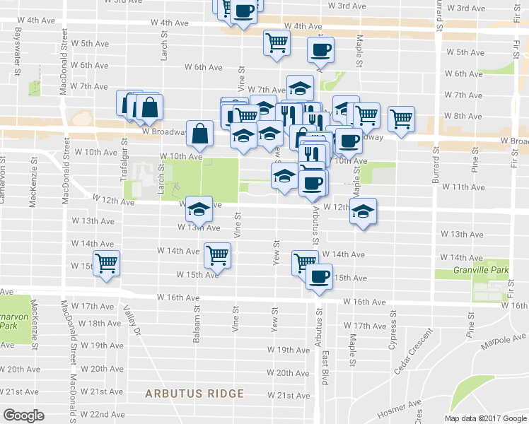 map of restaurants, bars, coffee shops, grocery stores, and more near 2226 West 12th Avenue in Vancouver