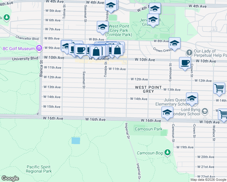 map of restaurants, bars, coffee shops, grocery stores, and more near 4364 West 13th Avenue in Vancouver