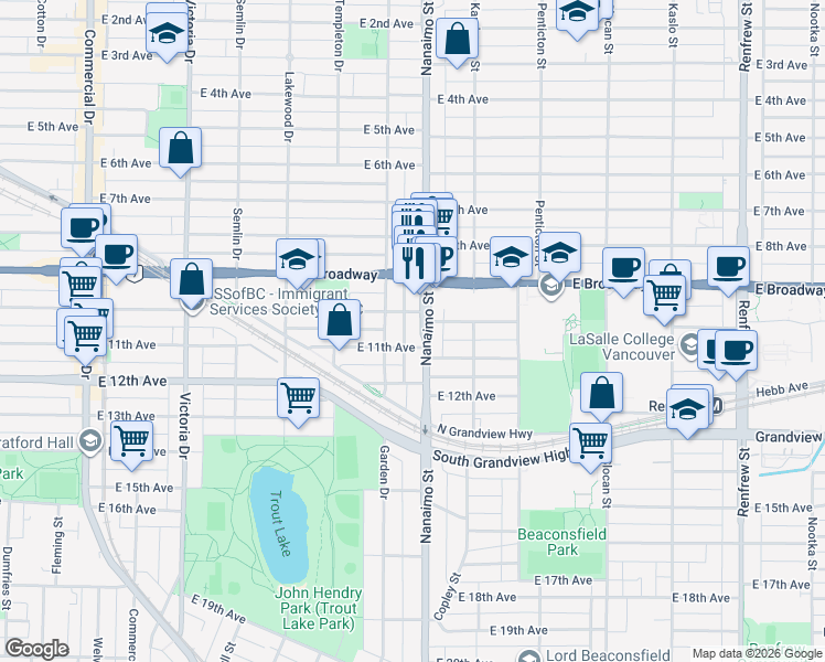 map of restaurants, bars, coffee shops, grocery stores, and more near 2522 Nanaimo Street in Vancouver