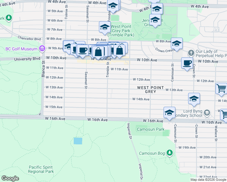 map of restaurants, bars, coffee shops, grocery stores, and more near 4372 West 13th Avenue in Vancouver