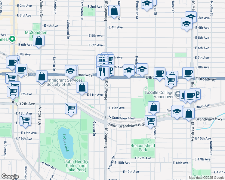 map of restaurants, bars, coffee shops, grocery stores, and more near 2442 East 10th Avenue in Vancouver
