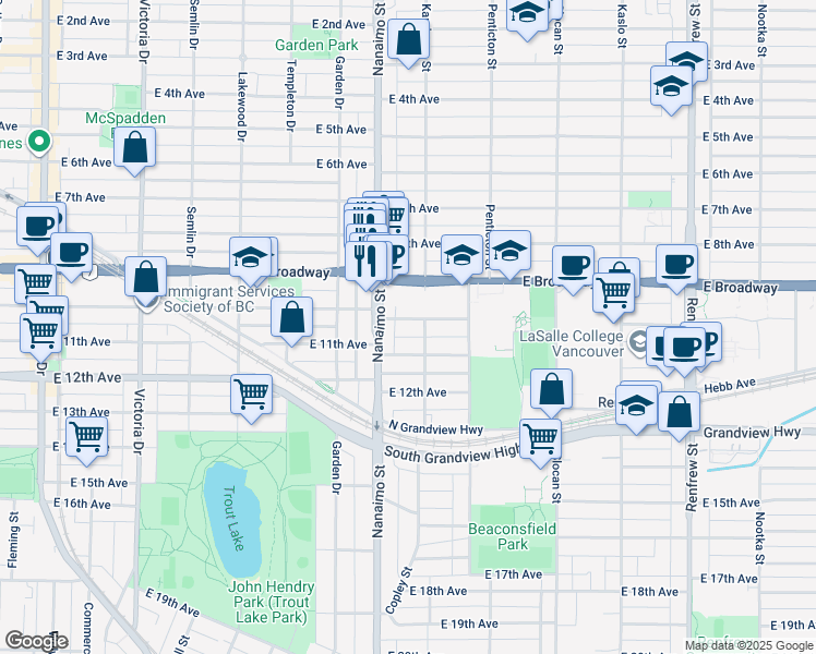 map of restaurants, bars, coffee shops, grocery stores, and more near 2458 East 10th Avenue in Vancouver