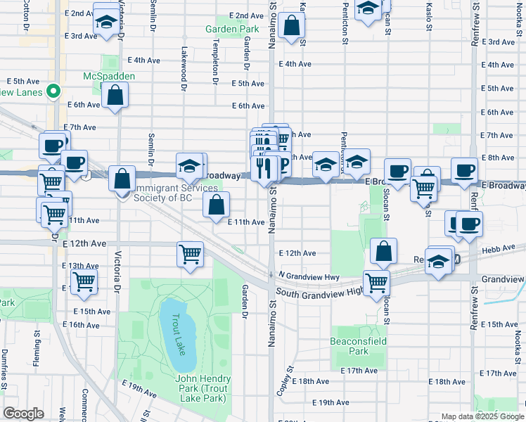 map of restaurants, bars, coffee shops, grocery stores, and more near 2522 Nanaimo Street in Vancouver