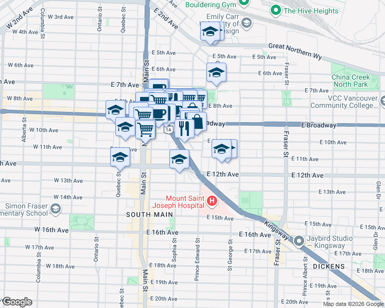 map of restaurants, bars, coffee shops, grocery stores, and more near 328 East 11th Avenue in Vancouver