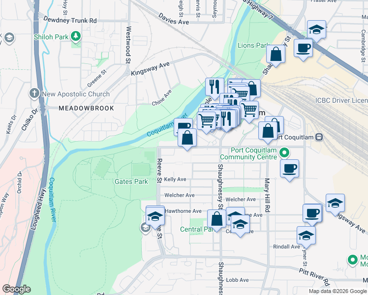map of restaurants, bars, coffee shops, grocery stores, and more near 2444 Wilson Avenue in Port Coquitlam