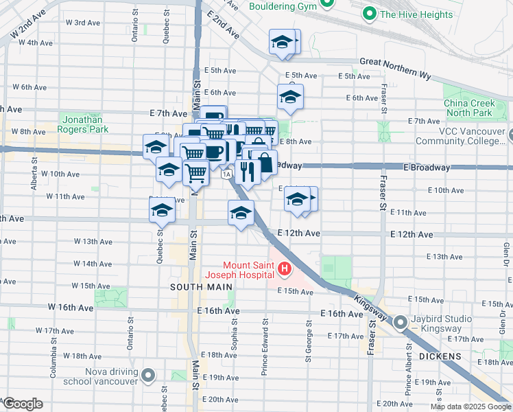 map of restaurants, bars, coffee shops, grocery stores, and more near 332 East 11th Avenue in Vancouver