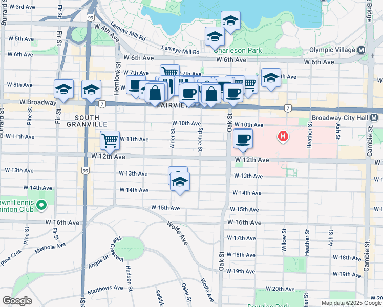 map of restaurants, bars, coffee shops, grocery stores, and more near 1125 West 12th Avenue in Vancouver