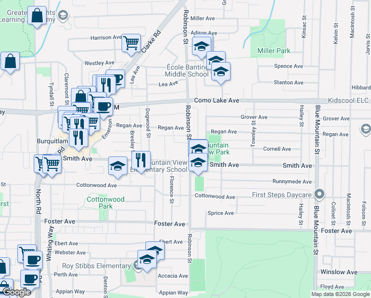 map of restaurants, bars, coffee shops, grocery stores, and more near 720 Robinson Street in Coquitlam