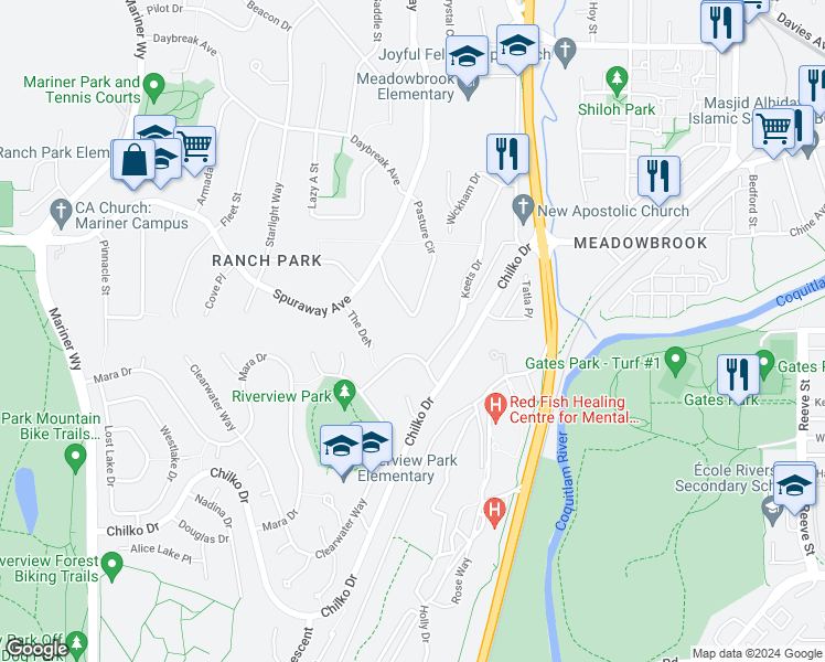 map of restaurants, bars, coffee shops, grocery stores, and more near 2965 Pasture Circle in Coquitlam