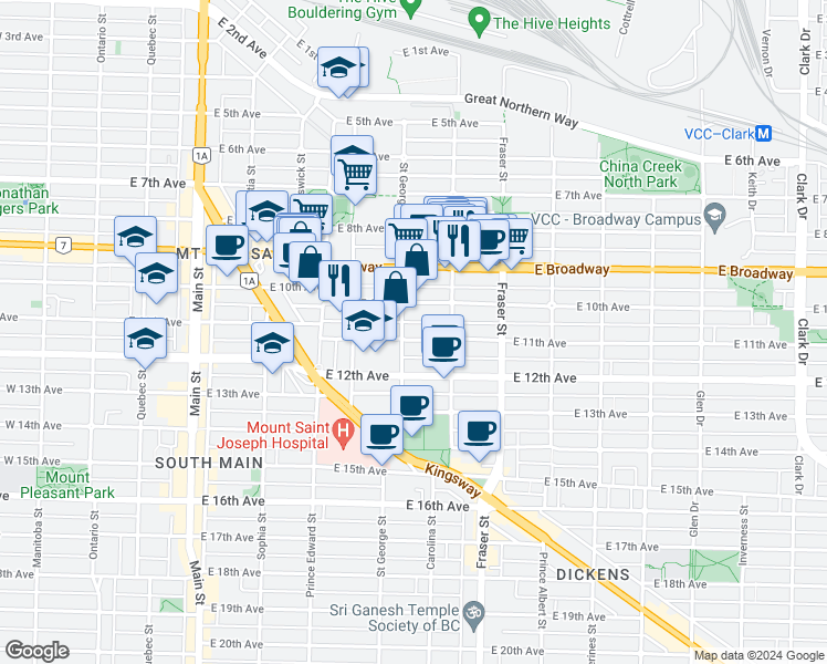 map of restaurants, bars, coffee shops, grocery stores, and more near 517 East 11th Avenue in Vancouver